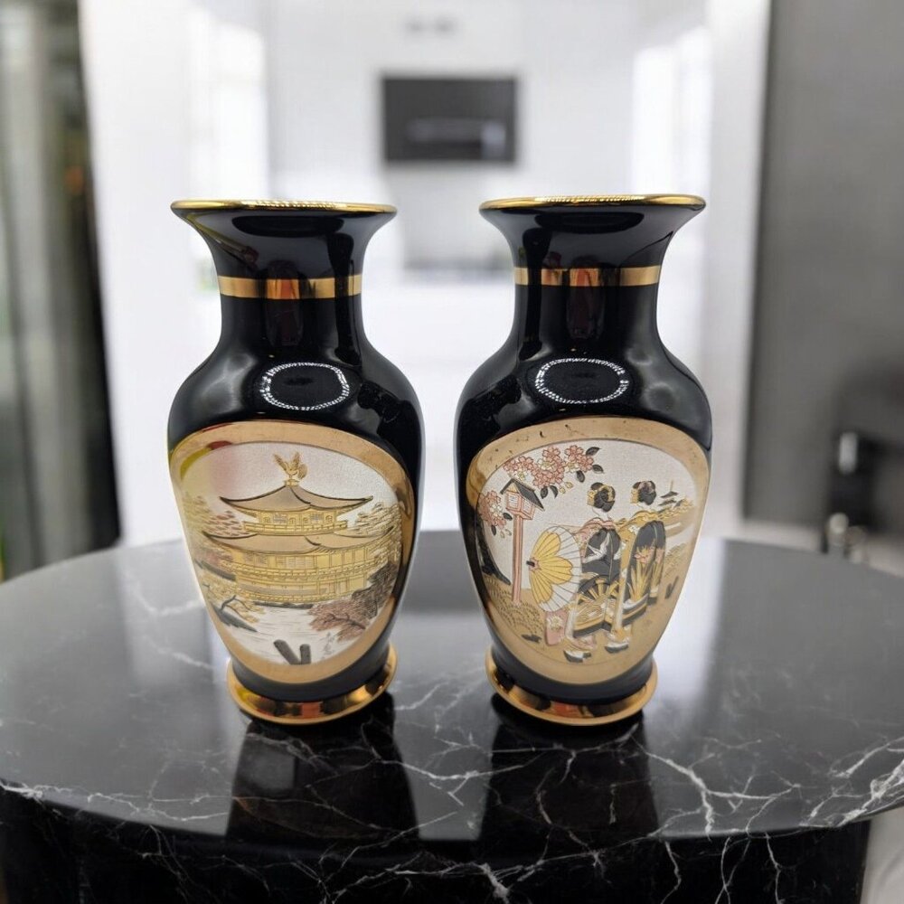 Vintage Japanese Chokin Gilded Pair of vases birds floral Geisha motif circa mid